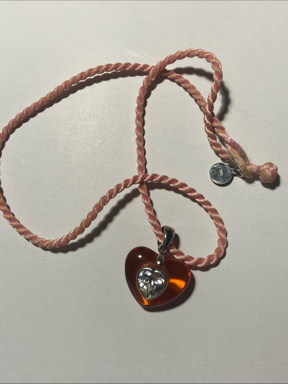 Angelique de Paris Rope Necklace w/Encrusted Resin Heart Crystal Pendant 925 15”
